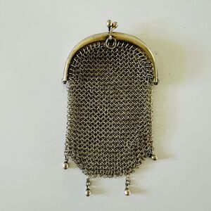 Antique French Art Deco Chainmail Mesh Silver Tassel Fringe Ball Coin Wallet